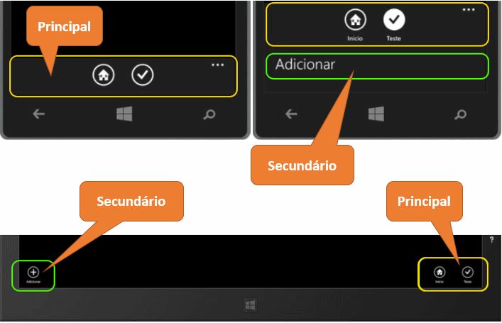 Indicações da Appbar em uma APP Windows Phone e outra em modo tablet/desktop